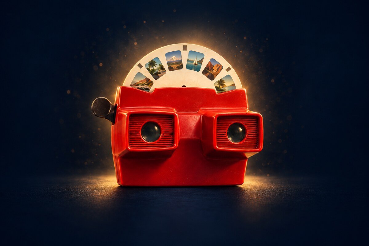 Red vintage ViewMaster viewer with a photo reel