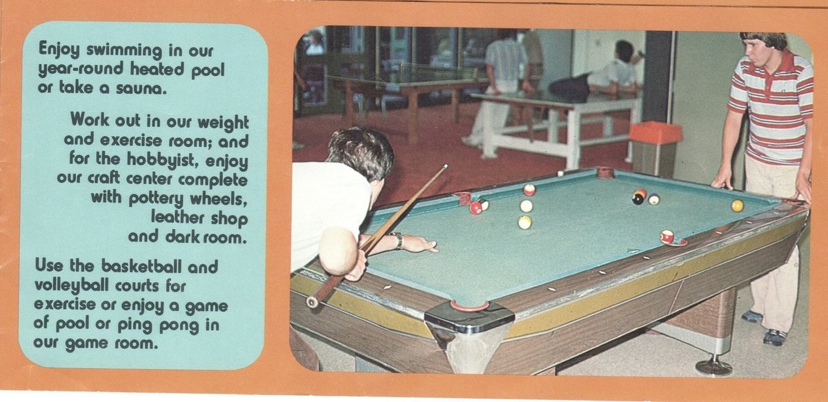 Brochure page with pool table and amenities text