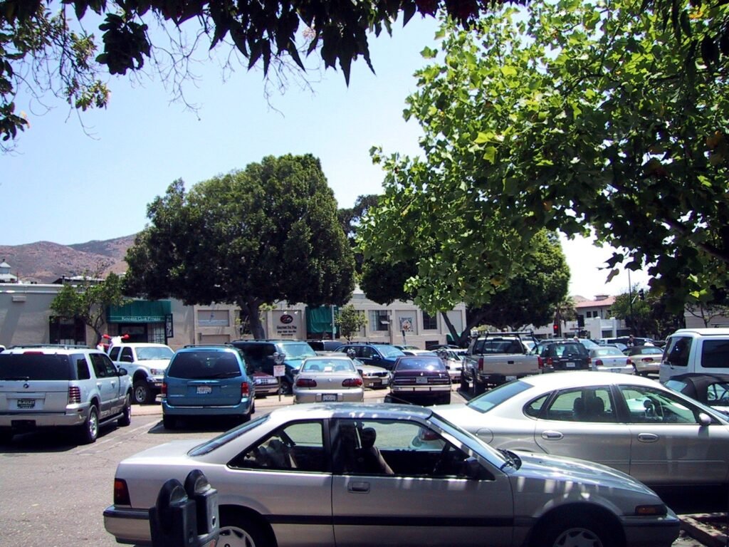 Parked cars and trees in the Court Street parking lot on August 1, 2003