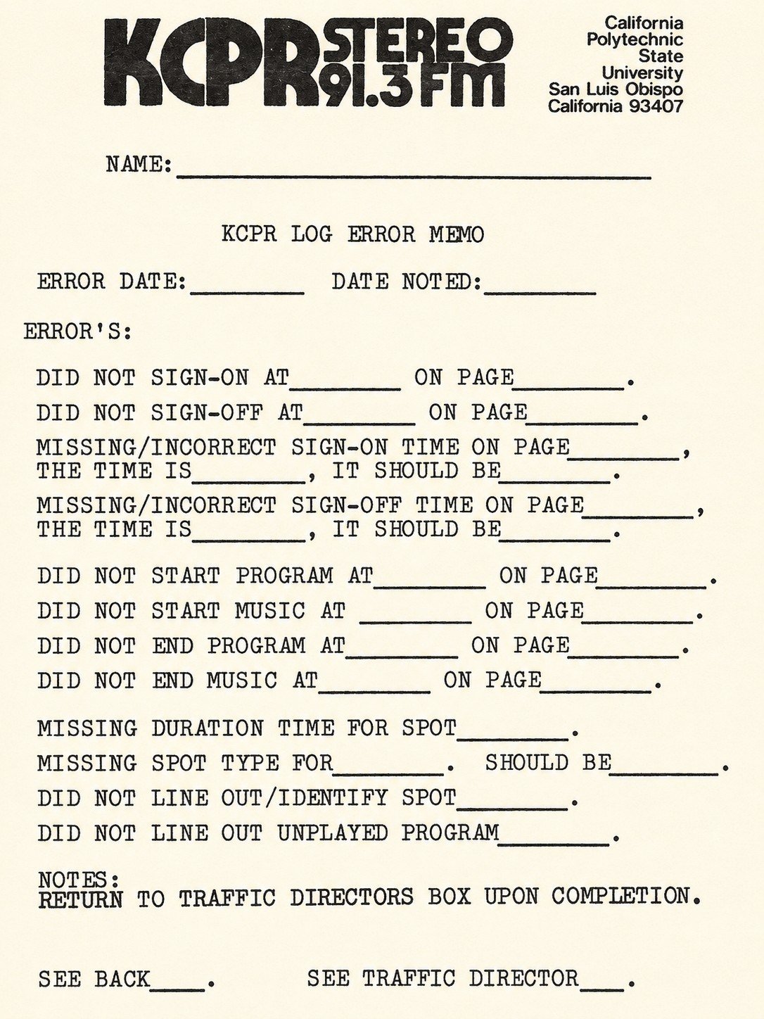 Vintage KCPR Log Error Memo used to notify DJs about FCC log corrections
