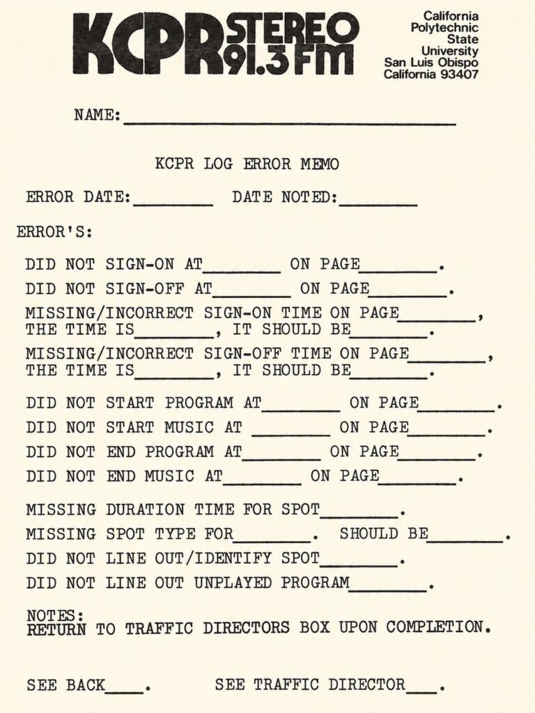 Vintage KCPR Log Error Memo used to notify DJs about FCC log corrections