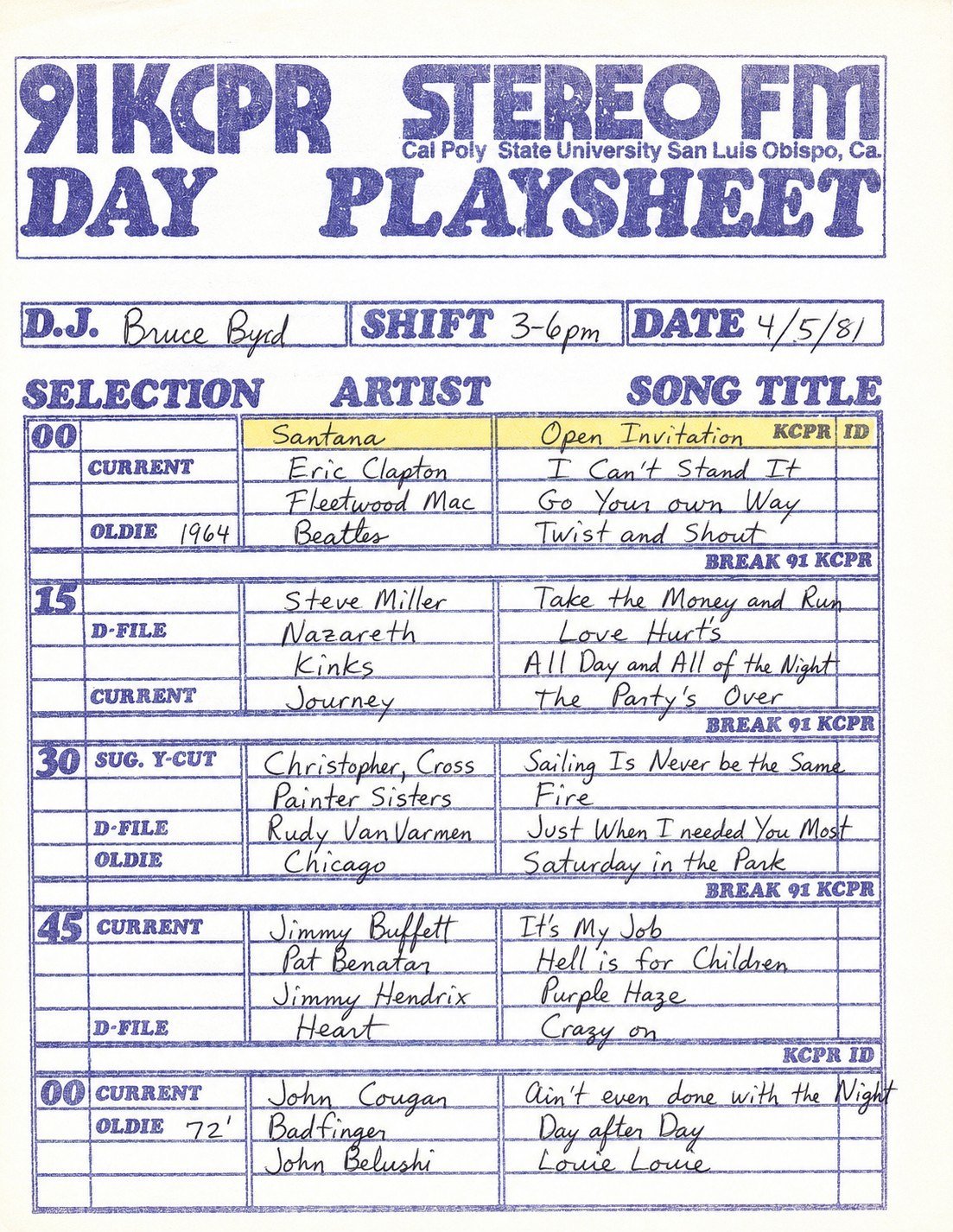 KCPR radio playlist from April 5, 1981 with handwritten song entries and highlighted selections