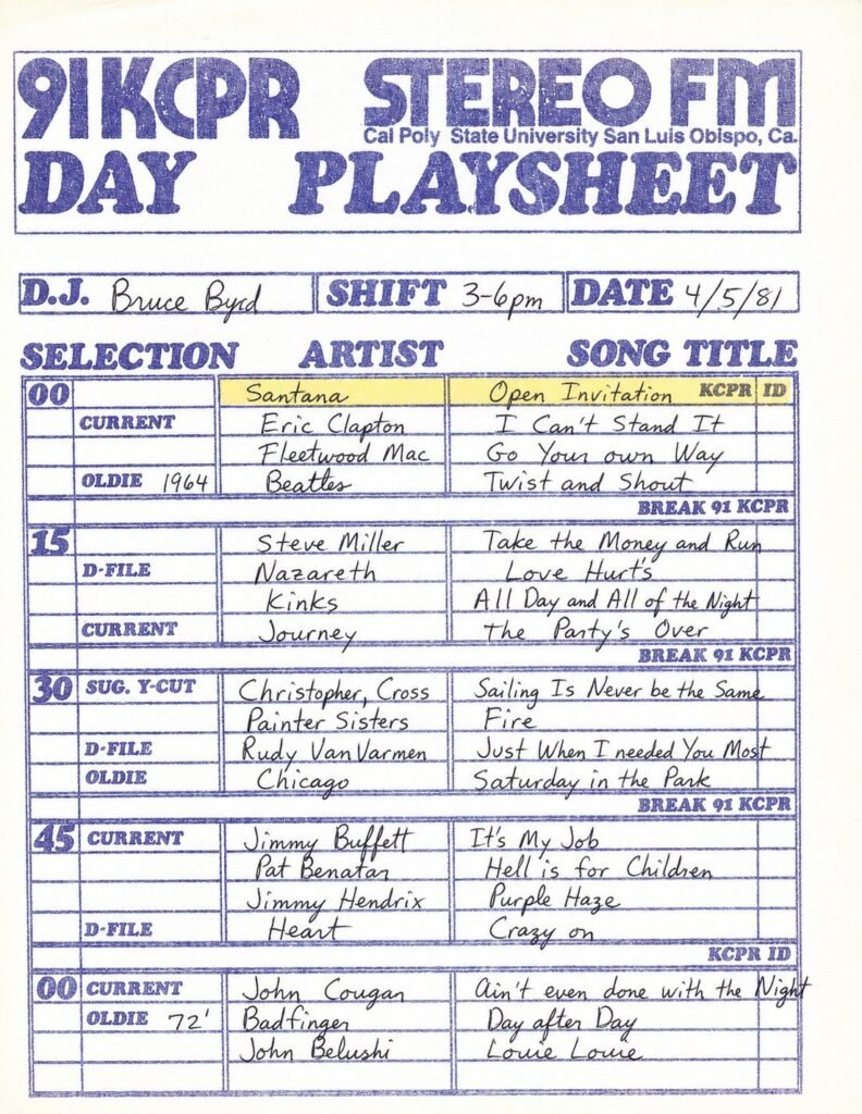 KCPR radio playlist from April 5, 1981 with handwritten song entries and highlighted selections