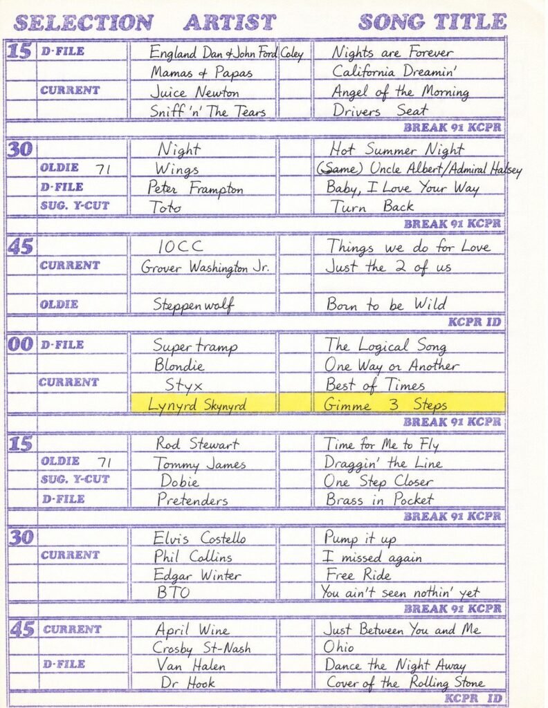 Second page of a KCPR radio playlist from April 5, 1981 with handwritten song entries