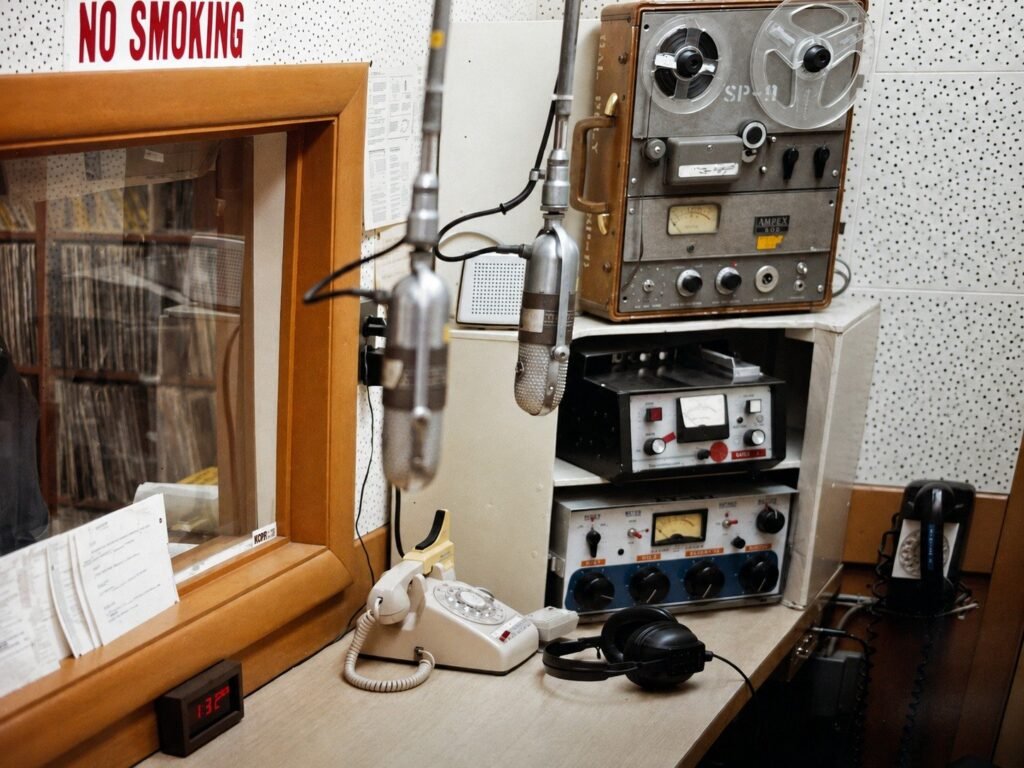Vintage KCPR studio equipment with reel-to-reel recorder microphones telephones and headphones