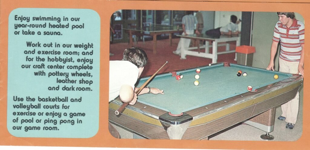 Gavin and Chris playing pool in the Stenner Glen game room, 1978