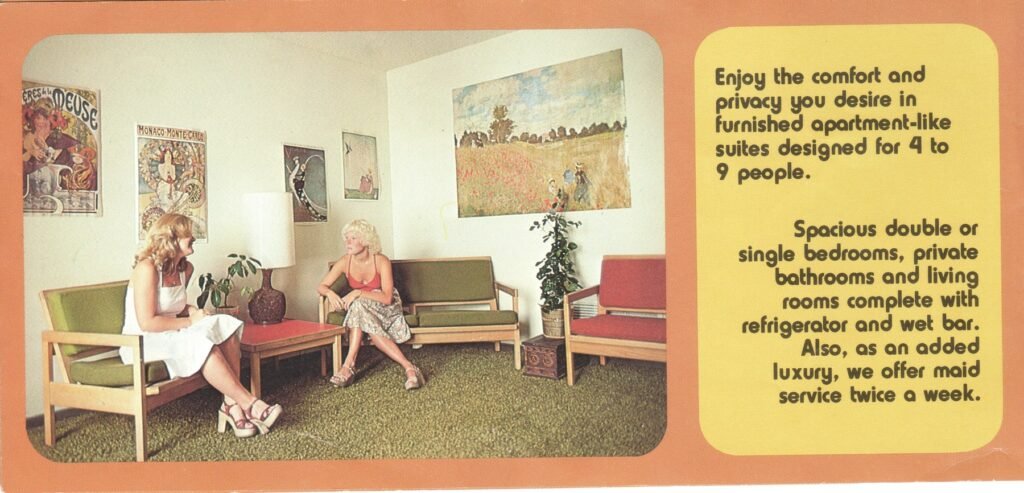 Furnished living room in a Stenner Glen student suite, 1978