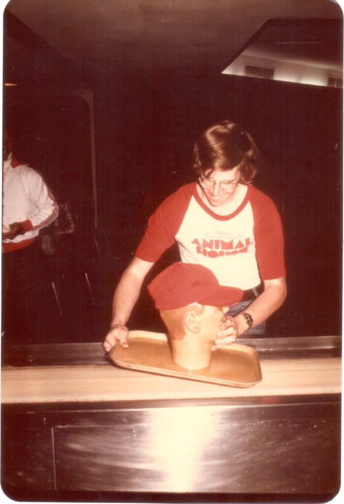 Melvin the mannequin head on a cafeteria tray at Stenner Glen