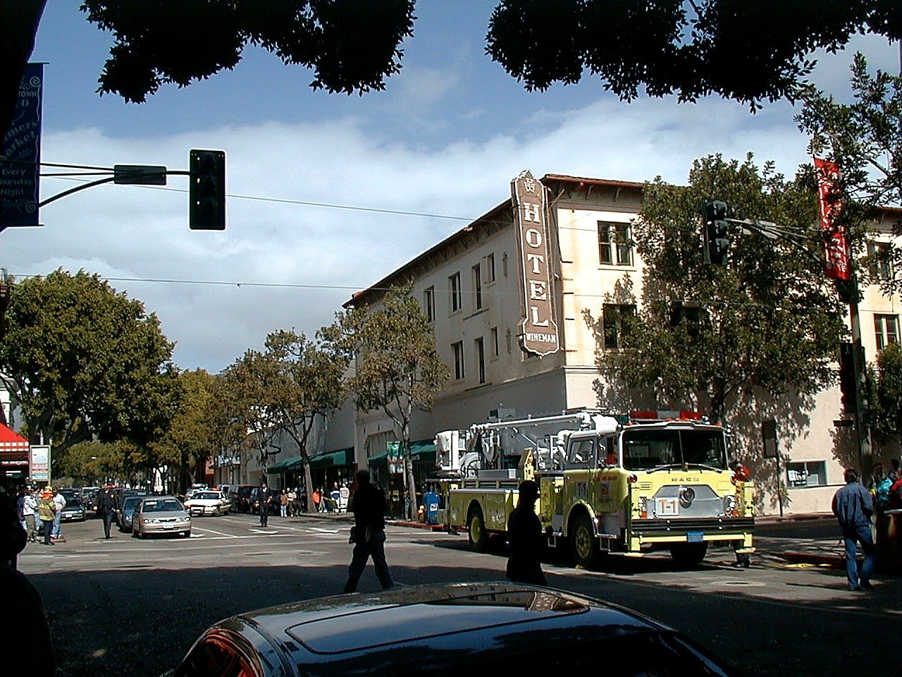Fire truck at Higuera and Chorro with the Wineman Hotel sign overhead, April 1999